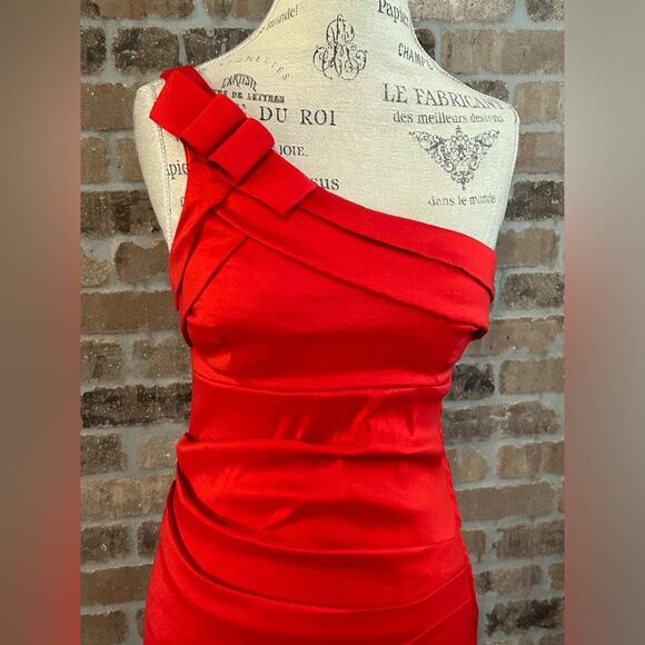 Betsy & Adam vintage red one shoulder gown cocktail dress bow ruched size 10 - Picture 3 of 9